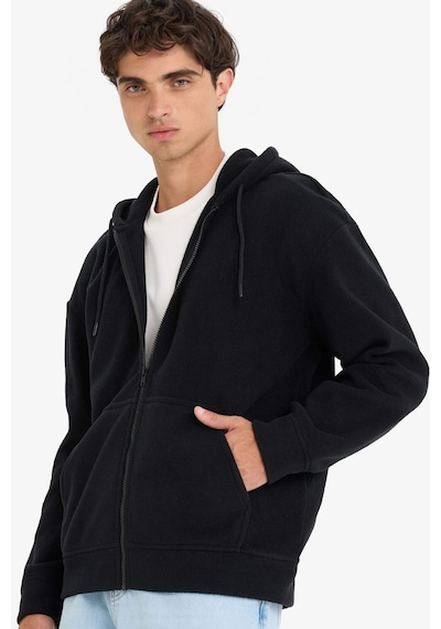 Defacto Boxy Fit Kapüşonlu Fermuarlı Polar Sweatshirt F0074AX25AU Siyah