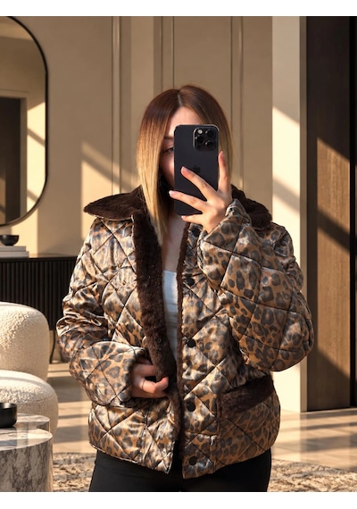 Elora Atelier Leopar Desenli Kürk Yakalı Kapitone Mont