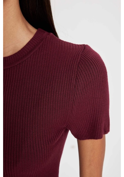 Defacto Crop Bisiklet Yaka Basic Düz Fitilli Kısa Kollu Triko Kazak C5638AX24AUBR34 Bordo