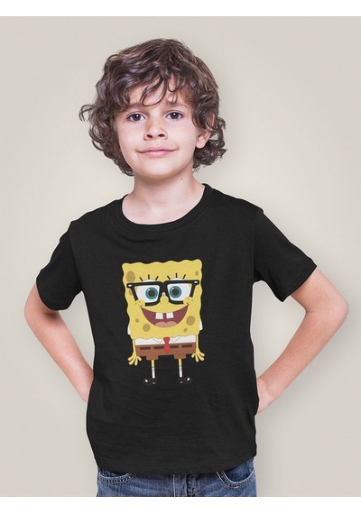 Sevbano Gözlüklü Süngerbob Baskılı Unisex Çizgi Film Çocuk Tişört 1-12 Y Siyah