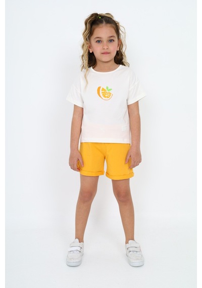 Toontoy Kids Toontoy Kız Çocuk 2'li Takım Baskılı Bisiklet Yaka T-shirt & Beli Lastikli Şort Ekru