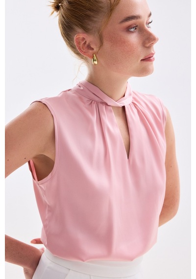 Sateen Yaka Detaylı Saten Bluz - Pembe-136681 Pembe