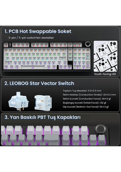 F99 Pro 3 Modlu Rgb Hot Swap Mekanik Nimbus V3 Switch Kablosuz Makrolu Klavye Gradyan Gri Diğer