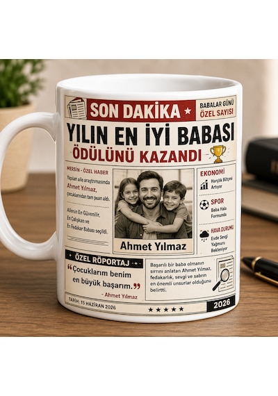 Kişiye Özel Baba Gazetesi Kupa Bardak Fotoğraflı Ve İsimli Beyaz Seramik Kupa 330 Ml Kahve Çay Kupası Açık Beyaz