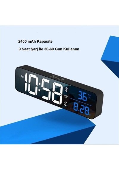 Hd Led Ekranlı Aynalı Dijital Masa Saati Sıcaklık, Tarih Ve Alarm Özellikli Elektronik Saat Siyah