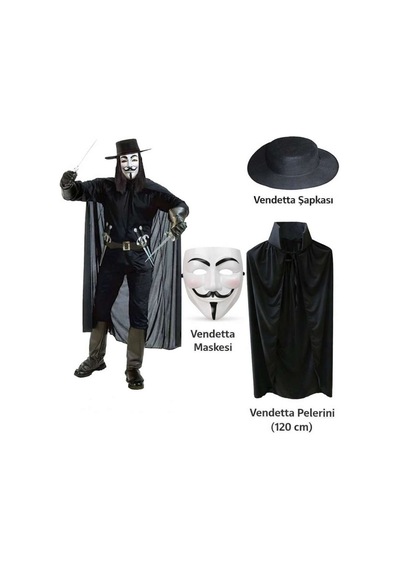 Vendetta Kostüm Seti Şapka Maske Pelerin 120 Cm Diğer