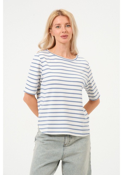 Kadın Çizgili Tişört Oversize T-shirt Beyaz