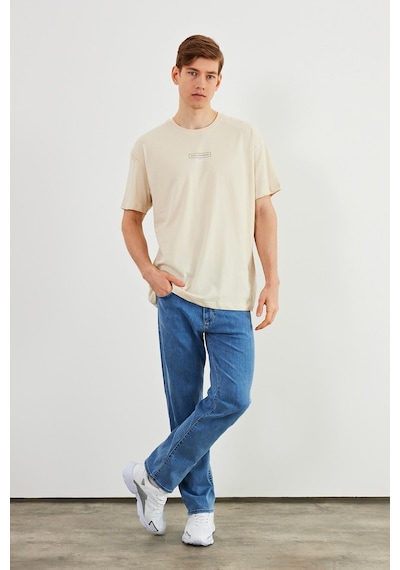 Leo Erkek Oversize Tshirt %100 Pamuk Bisiklet Yaka Baskı Detaylı Basic Tişört Mtlce83 Taş