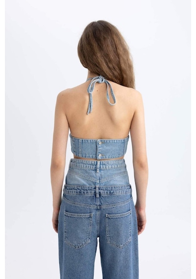 Defacto Afra x DeFacto Boyundan Bağlamalı Crop Jean Bluz C5862AX24SPNM28 Mavi