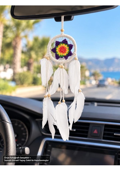 Araba Dikiz Ayna Süsü Renkli Örgü Detaylı Beyaz Tüylü Düş Kapanı Dreamcatcher Duvar Ve Oda Süsü