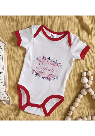 Bk Gift Bk Kids Kişiye Özel Çiçek Tasarımlı Kırmızı Bebek Body Zıbın-22 Çok Renkli