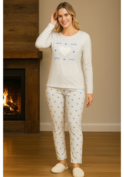 Remsa Kadın Kalp Desen Suprem Pijama Takımı 0458 Buz Mavi Buz Mavi