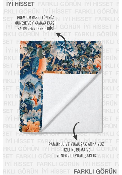 Çiçekli Kuşlu Vintage Şık Plaj Havlusu - Mavi Turuncu Bohem Akdeniz Hızlı Kuruyan Mikrofiber Havlu Sakin Gölgesi
