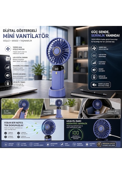 Dijital Göstergeli Mini Vantilatör, Şarjlı Masaüstü Vantilatör, Taşınabilir 12000 Rpm El Fanı, Ergonoik Tasar