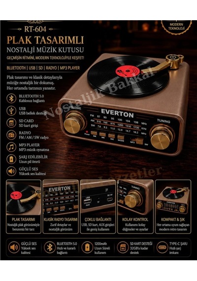 Everton Rt-604 Plak Tasarımlı Ve Görünümlü , Nostalji Bluetooth/usb/sd/ Radyo Mp3 Player Müzik Kutusu