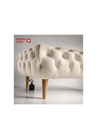 Smarto Relax Swiss Style Puf Adelboden Kapitone Puf,baby Face Polyester Kaplama,ahşap Ayaklı 100 X 50 X45 Cm Kapitone Puf,ayaklı Bej
