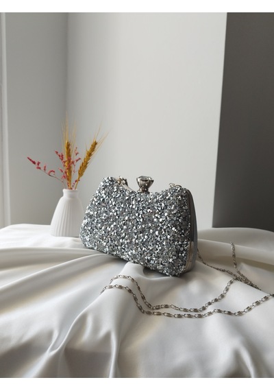 Vivazzaluxe Kristal Taşlı Kadın Abiye, Clutch Çanta Gümüş