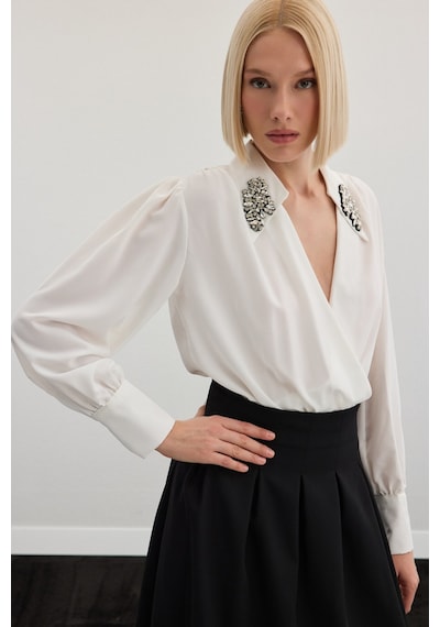 Sateen Aksesuar Detaylı Bodysuit Bluz - Ekru-134784