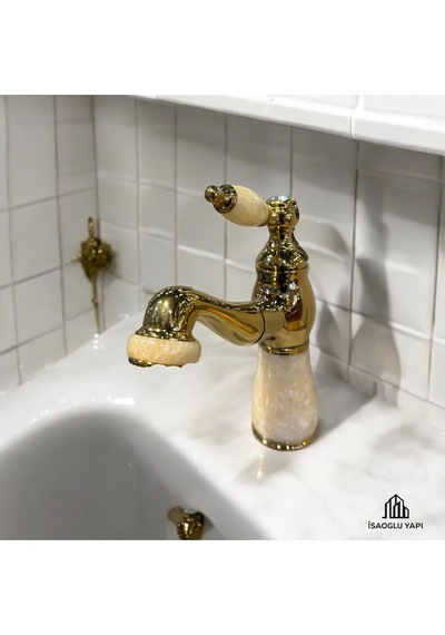 İsaoğlu Yapı Gold Lavabo Bataryası Bal Mumu Mermer Tasarım Uzayabilen Gold Armatür Musluk Pirinç Gold