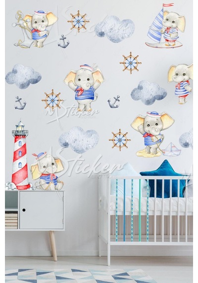 MSticker Kaptan Fil Ve Arkadaşları Sevimli Çocuk Bebek Odası Sticker Seti, Cam Duvar Sticker Çocuk Odası