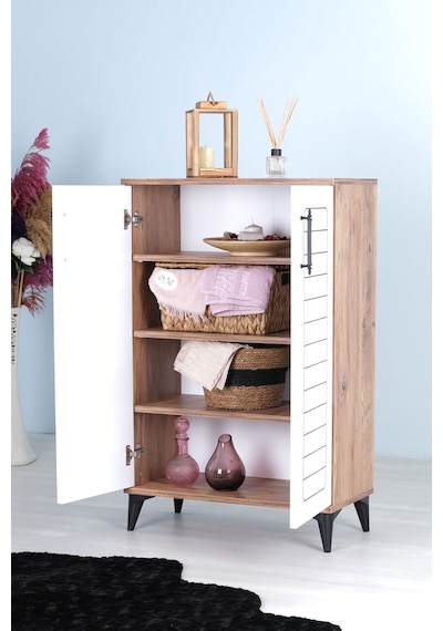 Luna 2 Kapaklı 4 Bölmeli Modern Ayakkabılık - Beyaz / Çam Desenli