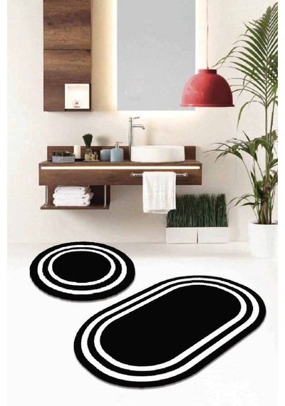 Siyah Çerçeve Desen Oval Banyo Klozet Paspas Seti Bs075n11