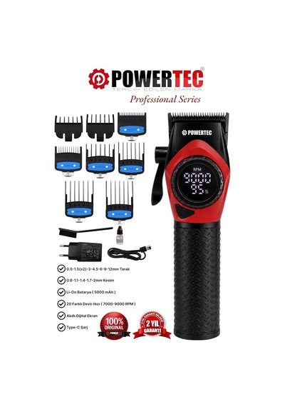 Tr-5100 Profesyonel Saç Tıraş Makinesi 9000 Rpm Dijital Ekran Şarjlı Berber Tipi Clipper Kırmızı