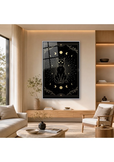 Ay Evrelerinde Mistik Kedi Gümüş Çerçeveli Cam Tablo