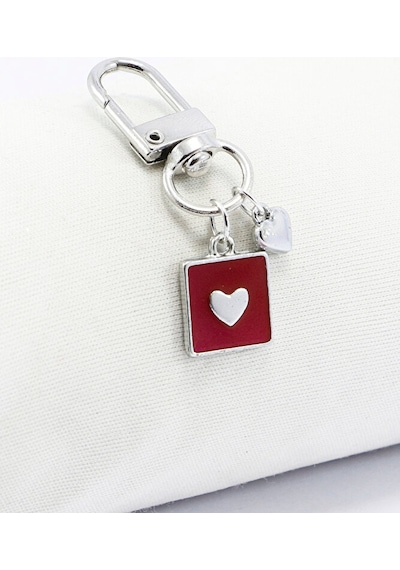 Kırmızı Mineli Gümüş Renkli Metal Kalp Klipsli Cüzdan Süsü Charm