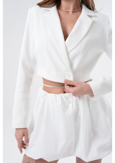 Saade Sââde Kadın Regular Fit Kruvaze Kapama Dokuma Crop Blazer Ceket -şık & Spor Beyaz