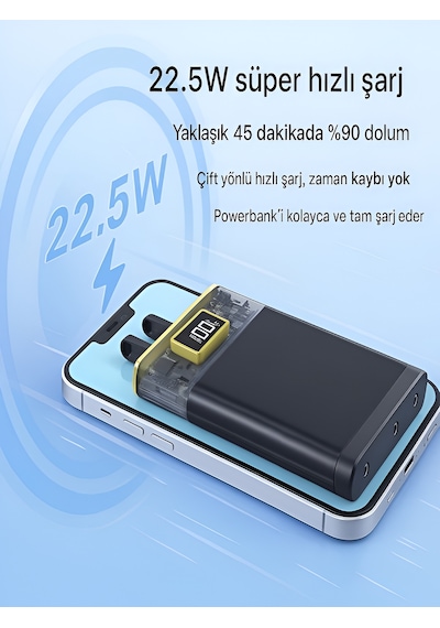 10000mah Dijital Ekran Powerbank 22 5w Hızlı Şarj 1 Usb 1 Type C Girişli Type C Ve Lightning Kablolu Siyah