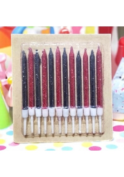 Doğum Günü Pasta Mumu Kırmızı Siyah 12 Adet Simli Mum 10 Cm Kutlama Mumu