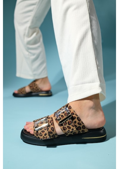 Luvishoes Zley Siyah Sarı Desenli Şeffaf Tokalı Kadın Terlik Siyah - Sarı