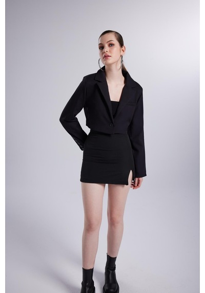 Holly Lolly Vatkalı Atlas Kumaş Crop Model Panky Ceket Siyah