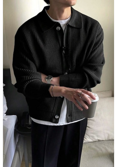 Serablanka Erkek Polo Yaka Oversize Triko Hırka Siyah