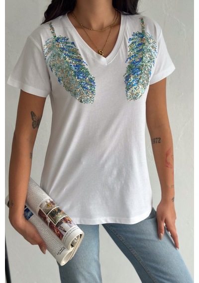 Femelle Kadın Beyaz V Yaka Omzu Yaprak Pul Payet İşlemeli %100 Pamuk T-shirt - Fem8