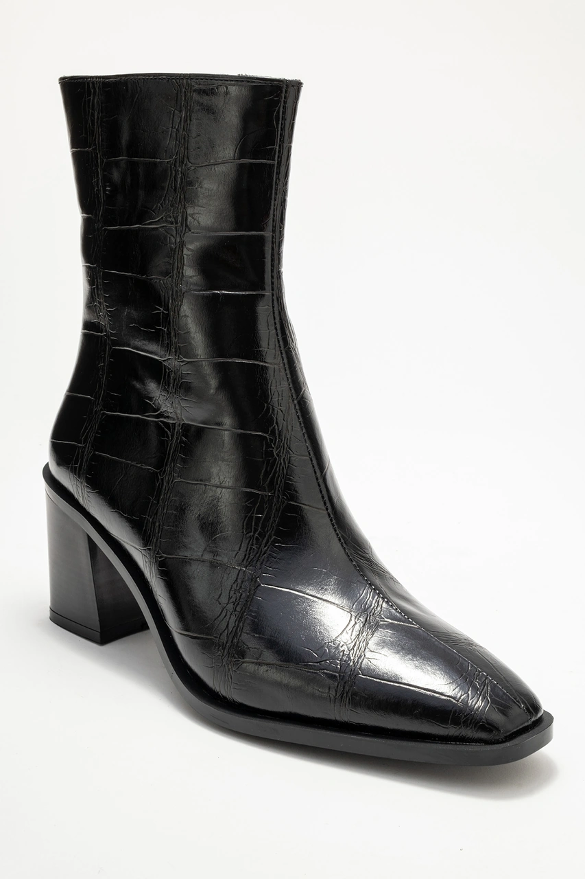 Luvishoes Luvi Shoes Chara Siyah Baskı Kadın Kalın Topuklu Bot Siyah Kroko