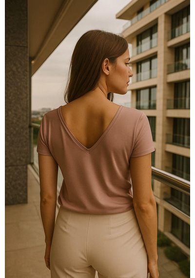 Kadın Pembe Viskon Ön Arka V Yakalı T-shirt Yarasa Kol Relaxed Bluz Çok Renkli Kadın Pembe Viskon Ön Arka V Yakalı T-shirt Yarasa Kol Relaxed Bluz Çok Renkli