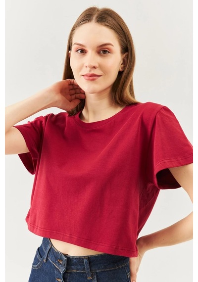 Kadın Rahat %100 Pamuklu Penye Bisiklet Yaka Kısa Kol Basic Crop T-shirt Bordo