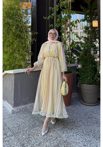 Riella Butik Nelia Düğme Detaylı Balon Kol Tesettür Elbise Sarı