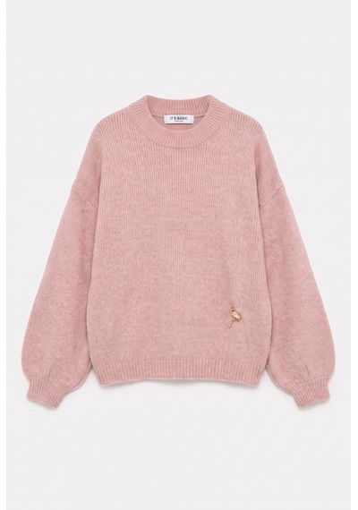 Kadın Pembe W6-98 Oversize Aksesuar Detaylı Tasarım Triko Kazak