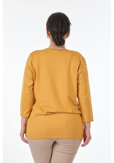 Desen Oversize V Yaka 3/4 Kol Kadın Bluz - Minimalist Tarz Bal