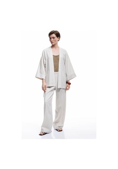 Koton Cepli Geniş Yarım Kol Keten Kimono Gri 5sak50027ew Gümüş Rengi
