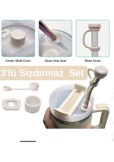 Stnyl Quencher Ve Yeni Nesil Pipetli Termos İle Uyumlu 3 Lü Sızdırmaz Koruyucu Aksesuar Silikon Set Krem