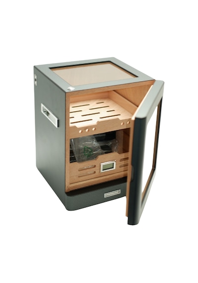 Premiumquality Sucre Aksesuar Çekmeceli İçi Ledli Karbon Desenli Sedir Humidor Puro Kutusu - Tr9647