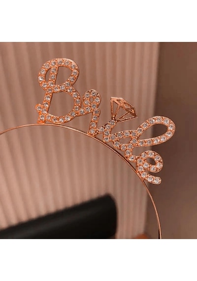 Rose Gold Renkli Taşlı Bride Gelin Tacı El Yazısı Yazı Tipiyle Açık Mavi