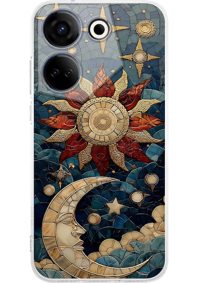 Printify Tecno Camon 20 Pro İle Uyumlu Vitray Sol Ve Luna Tasarımlı Şeffaf Silikon Kılıf Şeffaf