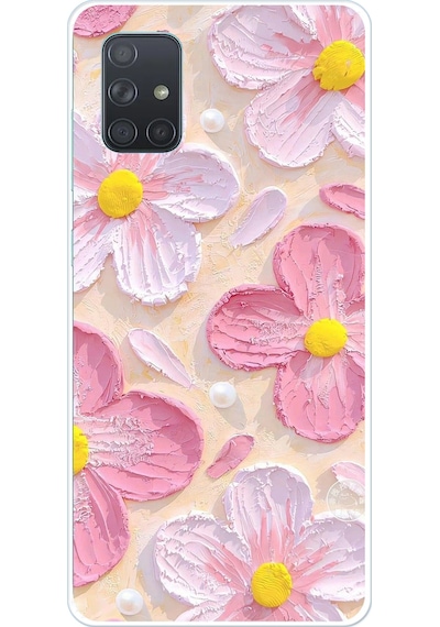 Samsung Galaxy A71 Uyumlu Pembe Beyaz Çiçekler Sulu Boya Baskılı Silikon Kılıf Renkli