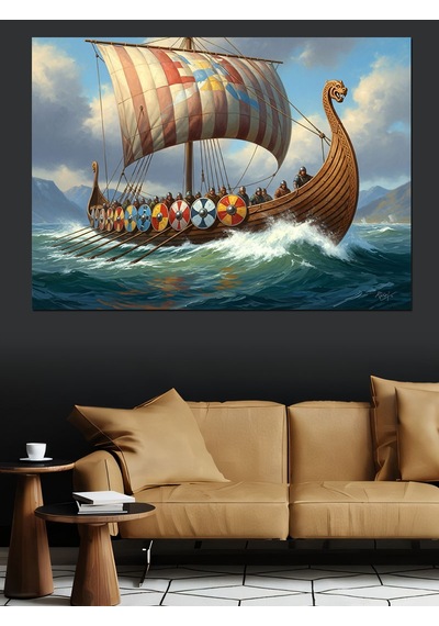 Ahşap Tablo Denizde Yol Alan Viking Gemisi
