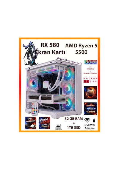 Comloji CMLJ03 R5-5500 32 GB 1 TB SSD RX580 Free Dos Masaüstü Oyuncu Bilgisayarı